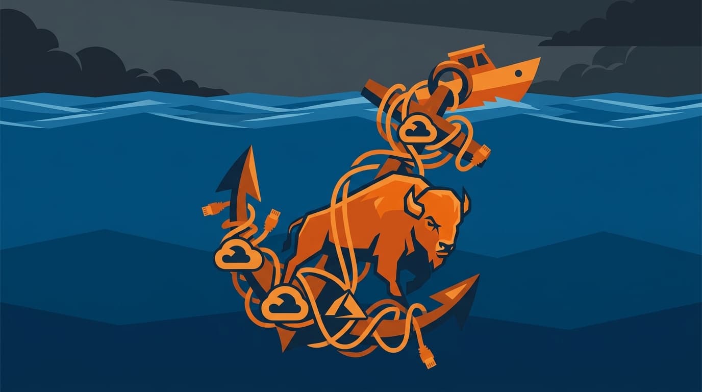 A massive anchor made of tangled ethernet cables and cloud service logos, half-submerged in deep blue water, with a small boat above struggling against the weight — dramatic lighting with storm clouds gathering on the horizon