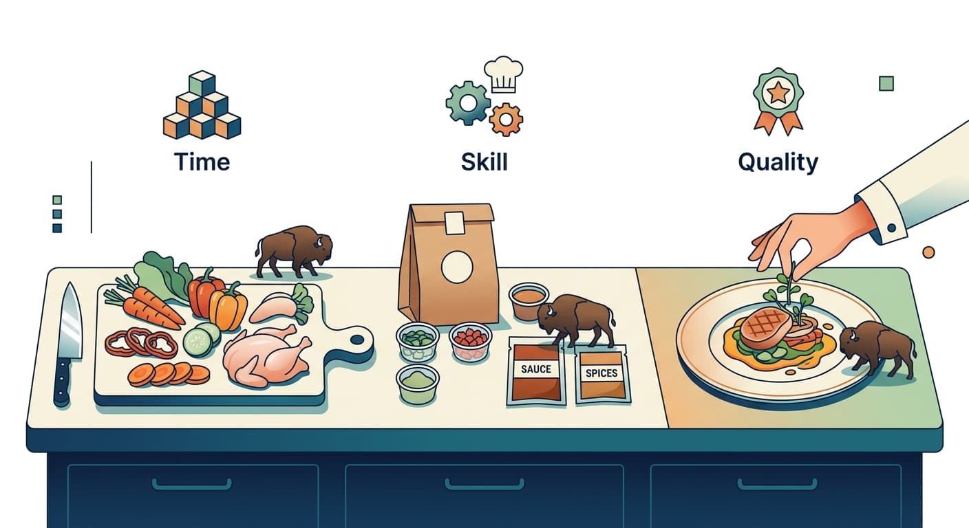 A chef's station showing three preparation approaches side-by-side: raw ingredients with professional knives on the left, pre-prepped meal kits in the center, and a finished dish being plated on the right. Each station shows different time investments, skill requirements, and output quality—none obviously superior to others.