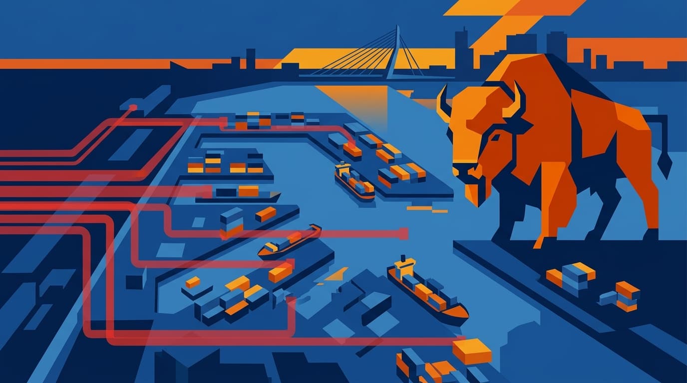 An aerial view of Rotterdam's container port at dusk, overlaid with translucent red connection lines that abruptly terminate at different dock sections, visualizing the disconnect between physical logistics efficiency and digital fragmentation
