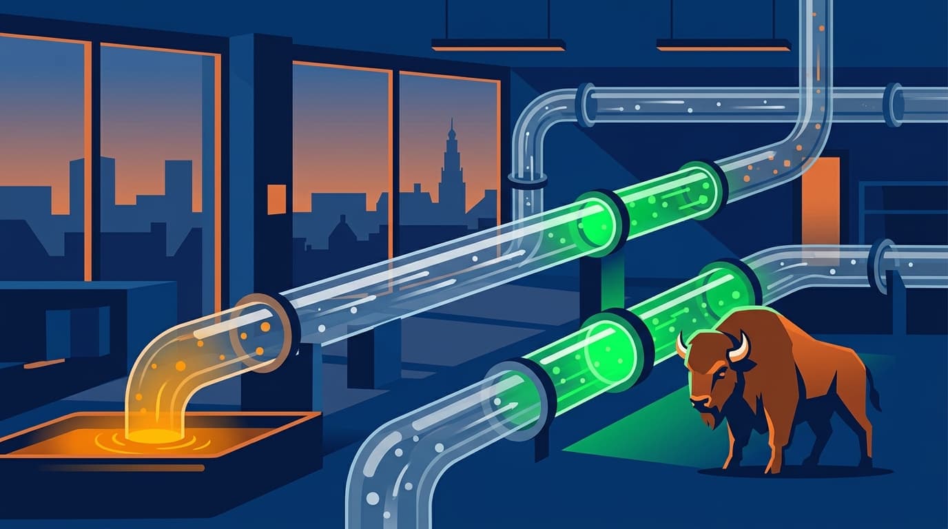 A partially transparent glass pipeline system running through a Dutch office building at dusk, with visible data particles flowing through—some sections illuminated by green security checkpoints, others showing amber warning lights where data pools in unauthorized reservoirs