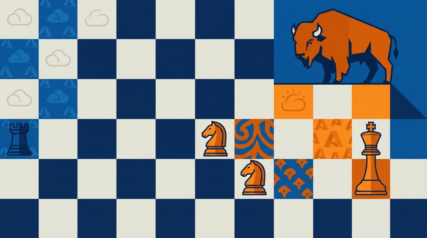 A chess board viewed from above at a crucial mid-game moment, where several pieces are positioned showing multiple possible strategies — the board's squares subtly textured with different cloud provider patterns, some pieces clearly committed to one region while others maintain central flexibility