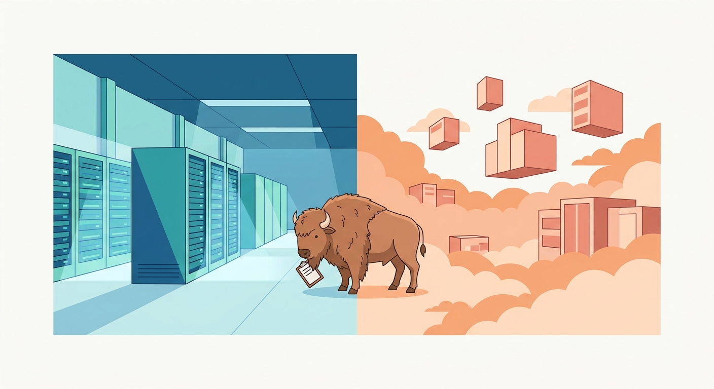 A vast industrial warehouse split down the middle—one half containing rows of humming server racks bathed in cool blue light, the other half dissolving into an infinite cloudscape of floating data centres, with a single engineer standing at the threshold between both worlds, clipboard in hand