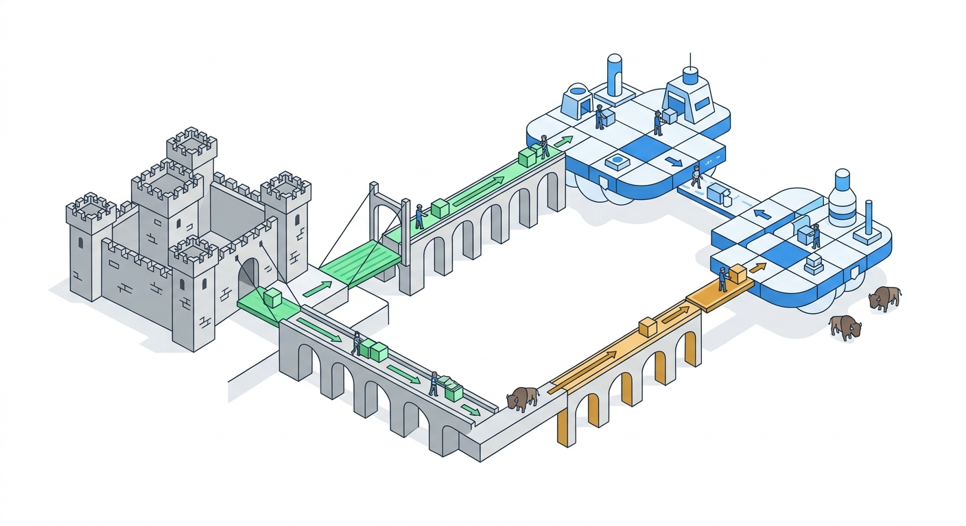 An architectural blueprint-style diagram showing a medieval castle (representing on-premises) connected via a series of drawbridges and aqueducts to floating sky platforms (representing cloud), with small figures moving cargo between them along clearly marked pathways—some routes highlighted in green as efficient, others in amber as costly