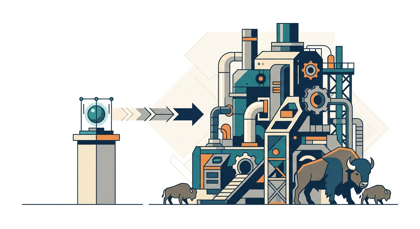 A visual metaphor showing a small prototype model next to a complex industrial machine, representing the gap between AI proof-of-concept and production systems
