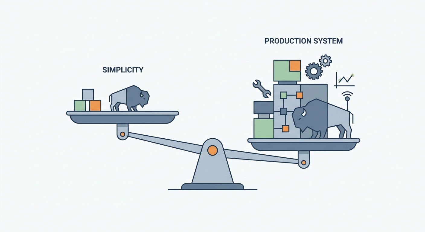A balance scale comparing proof-of-concept simplicity on one side against production system complexity factors like maintenance, integration, and monitoring on the other